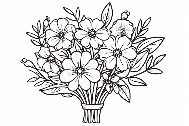 Een tekening van een boeket bloemen met bladeren en bloemen generatieve ai