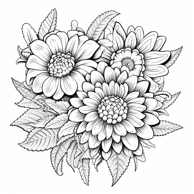 Een tekening van een boeket bloemen met bladeren generatieve ai