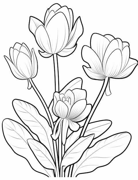 Foto een tekening van een boeket bloemen met bladeren op een witte achtergrond generatieve ai