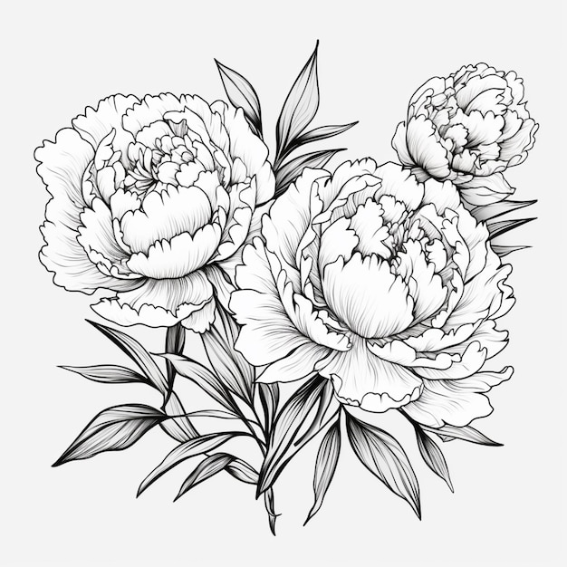 een tekening van een boeket bloemen met bladeren op een witte achtergrond generatieve ai