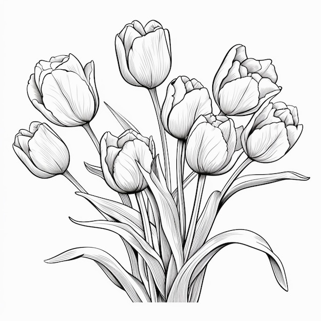 Foto een tekening van een boeket bloemen met bladeren op een witte achtergrond generatieve ai