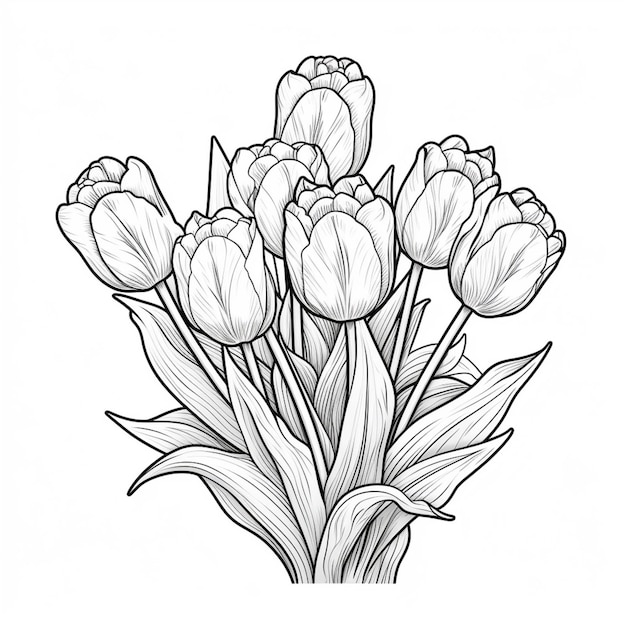 Foto een tekening van een boeket bloemen met bladeren op een witte achtergrond generatieve ai