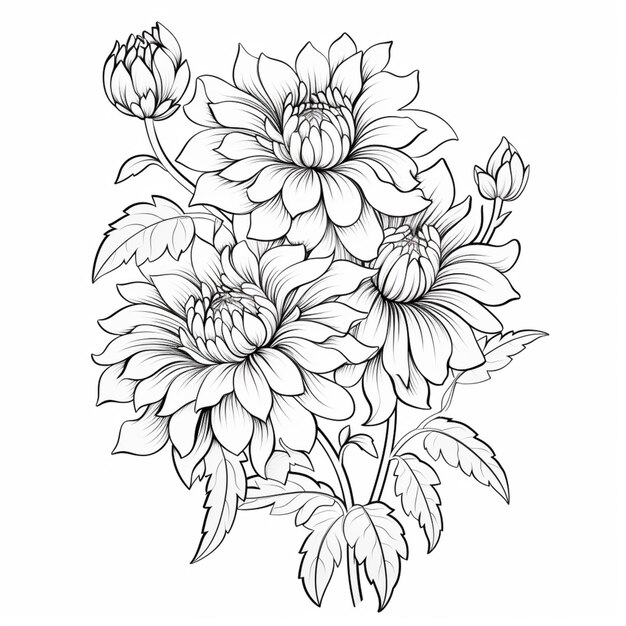 Foto een tekening van een boeket bloemen met bladeren op een witte achtergrond generatieve ai