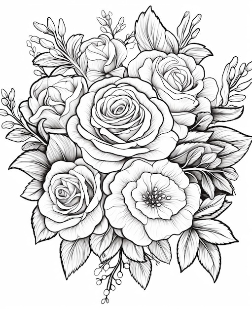 Een tekening van een boeket rozen met bladeren en bloemen generatieve ai