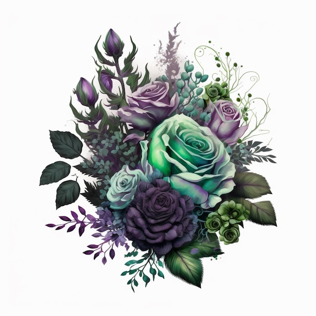 Een tekening van een boeket rozen met groene bladeren en paarse bloemen.