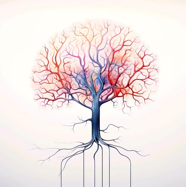 Een tekening van een boom met de rode en paarse kleurenillustratie