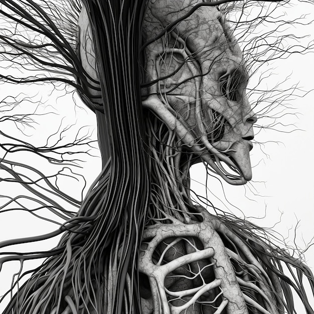 Een tekening van een boom met de wortels van een schedel en de wortels van een menselijke schedel.