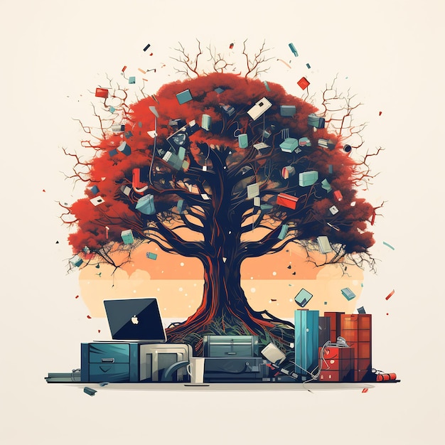een tekening van een boom met een boom en een laptop