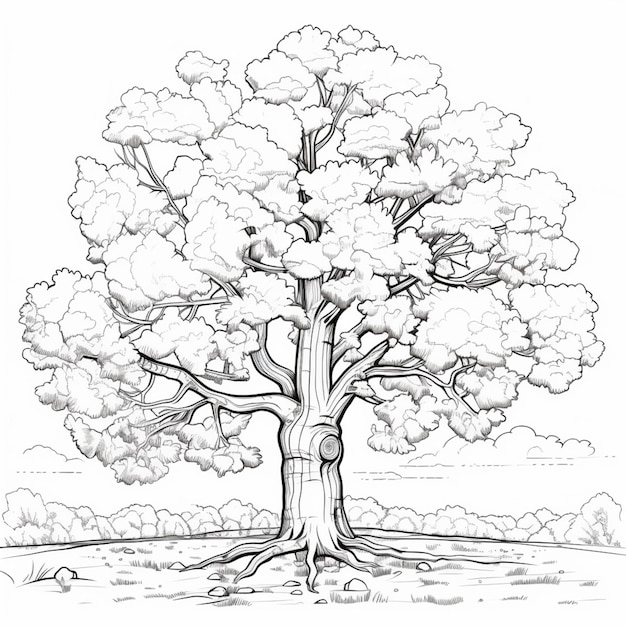 een tekening van een boom met een grote stam en veel bladeren generatieve ai