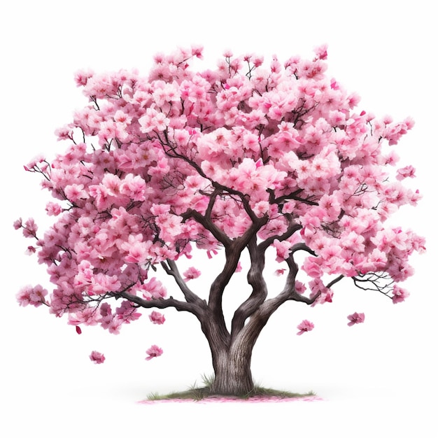 een tekening van een boom met roze bloemen erop