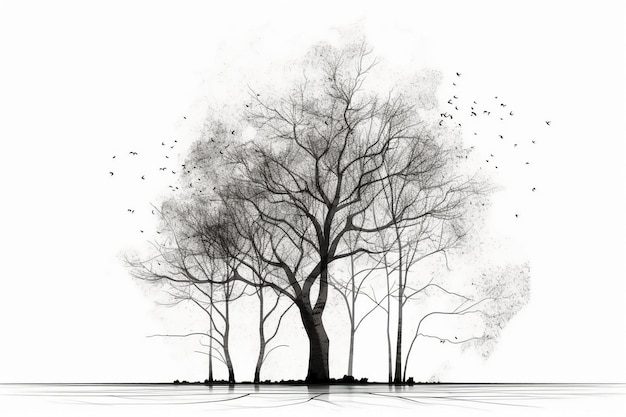 Een tekening van een boom waar vogels omheen vliegen.