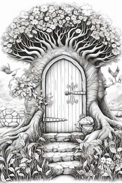 een tekening van een boomhut met een deur en een deur in het midden generatieve ai