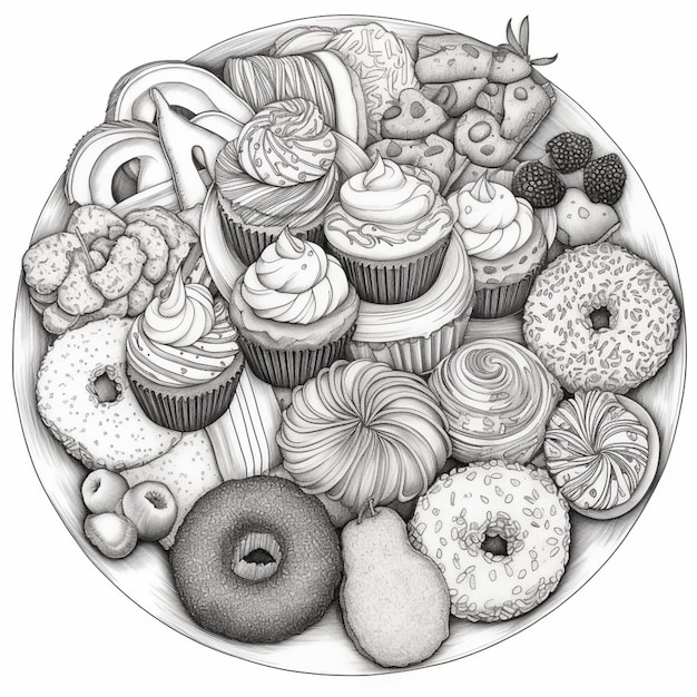 een tekening van een bord met donuts en ander gebak generatieve ai