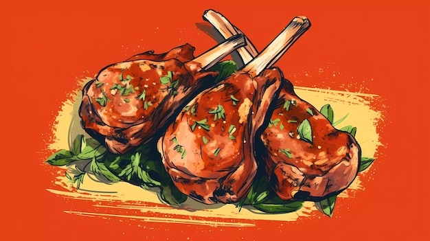 Een tekening van een bord vlees met een rode achtergrond.