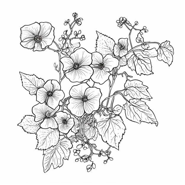 een tekening van een bos bloemen met bladeren en bloemen generatieve ai