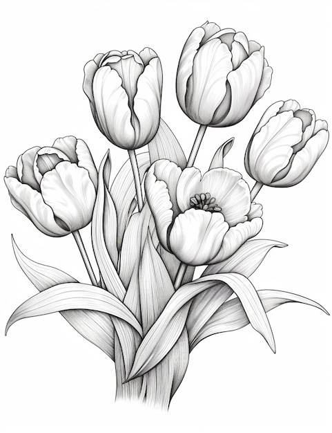 Foto een tekening van een bos bloemen met bladeren en stengels generatieve ai