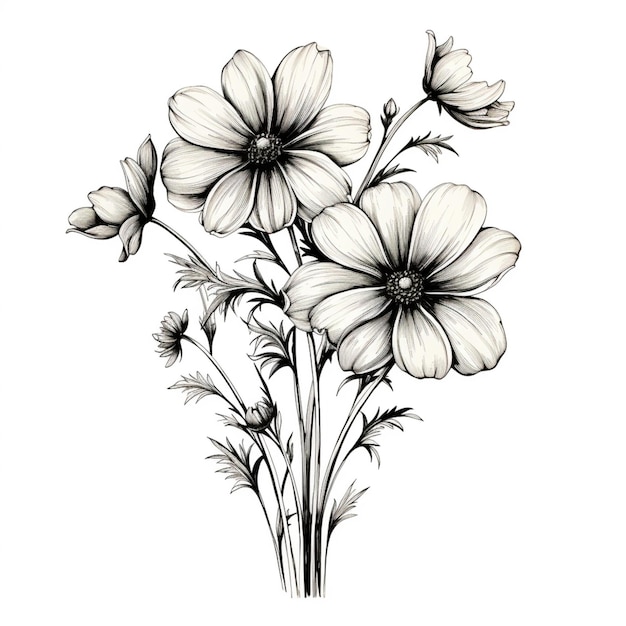 een tekening van een bos bloemen met bladeren op een witte achtergrond generatieve ai