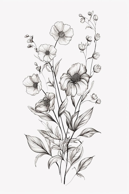 Een tekening van een bos bloemen op een witte achtergrond.