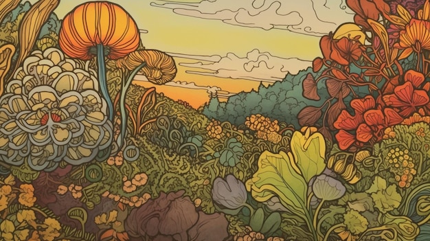 Een tekening van een bos met een afbeelding van een paddenstoel en een berg op de achtergrond.