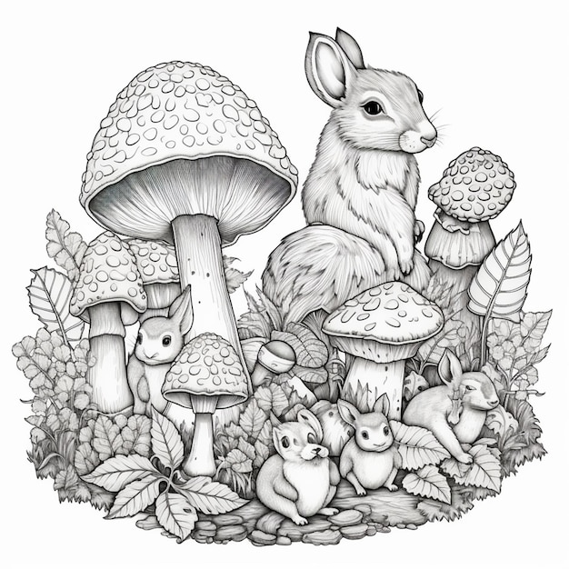 Een tekening van een bostafereel met paddenstoelen en een konijn.