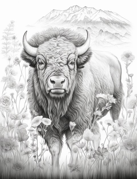 een tekening van een buffel die in een bloemenveld staat generatieve ai