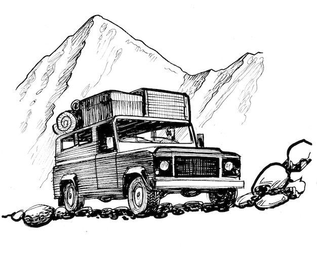 Een tekening van een busje met een berg op de achtergrond.
