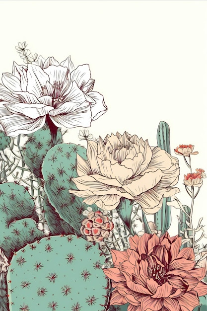 Een tekening van een cactus en bloemen.