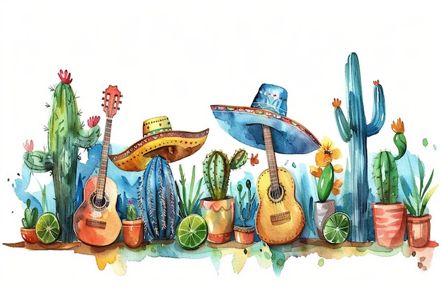 een tekening van een cactus en cactus met een gitaar