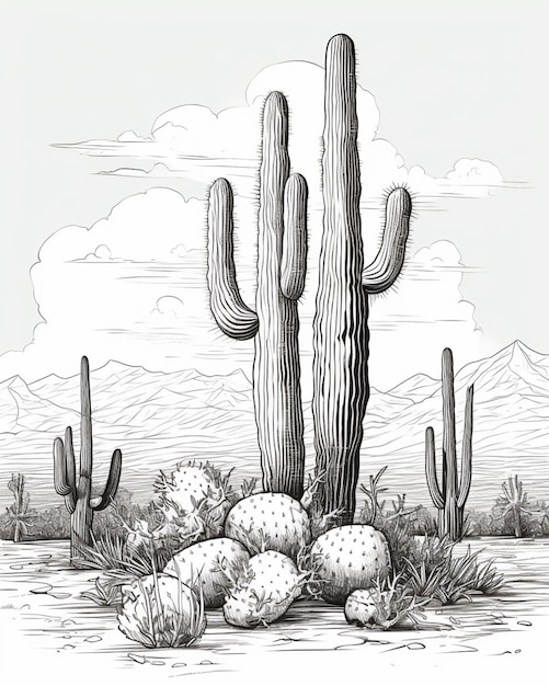 een tekening van een cactusplant met een paar cactussen op de voorgrond generatieve ai