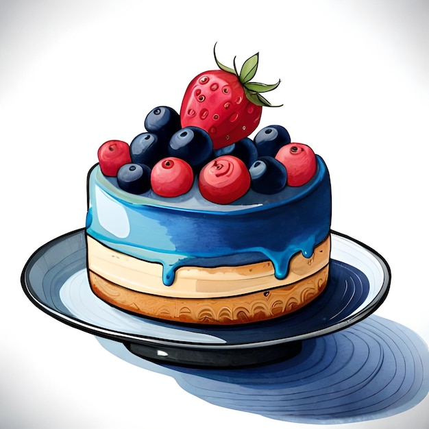Een tekening van een cake met blauw glazuur en bessen erop.