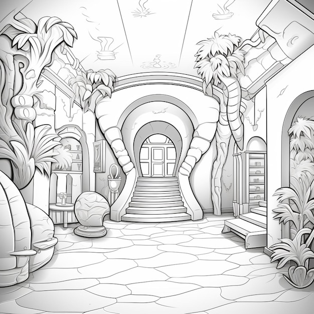 een tekening van een cartoon huis met een trap en een palmboom generatieve ai
