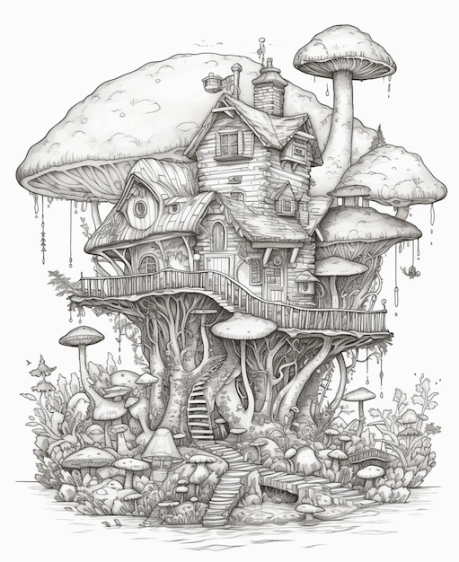 Een tekening van een champignonhuis met daarop een champignonhuis.