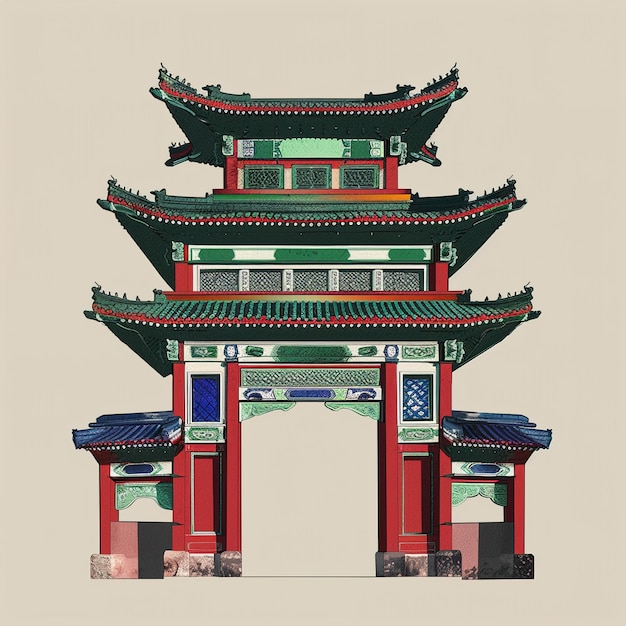 een tekening van een Chinees gebouw met een rood dak en een Chinees symbool erop