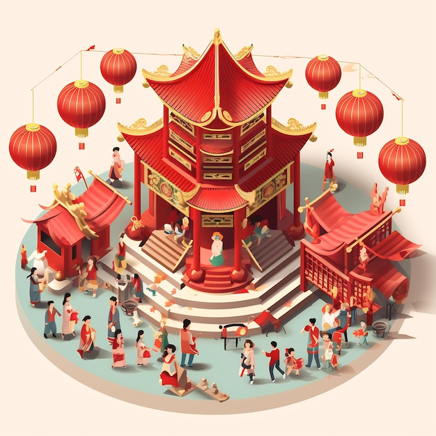 een tekening van een Chinese tempel met een rode pagode bovenop.