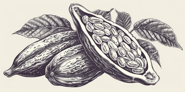 Foto een tekening van een chocoladepod met een stapel noten erop de tekening is in zwart-wit en heeft een vintage gevoel