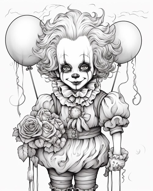 een tekening van een clown met ballonnen en rozen generatieve ai