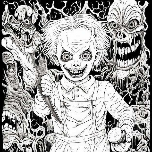 een tekening van een clown met een mes en een stel zombies generatieve ai