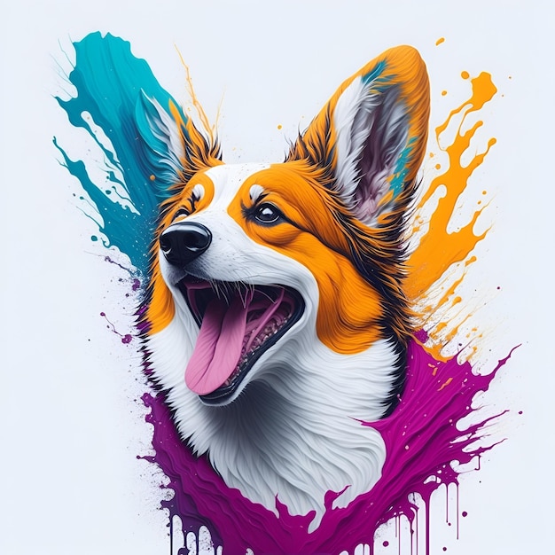 Een tekening van een corgi-hond met een blauw en oranje gezicht.