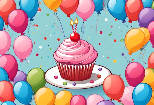 Foto een tekening van een cupcake met ballonnen en een kers op de top
