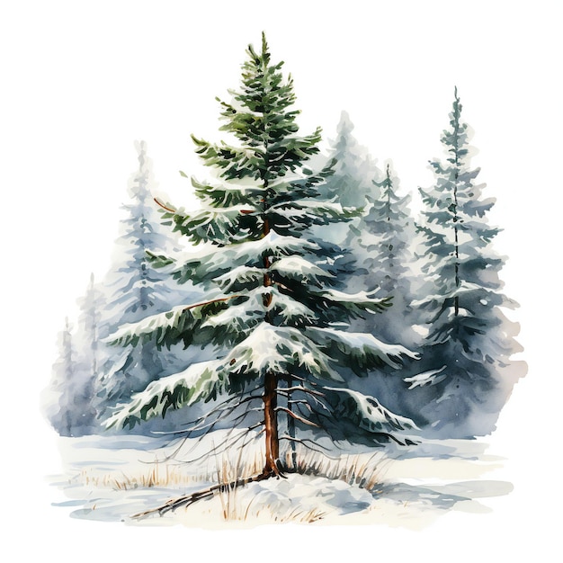 Een tekening van een dennenboom in de sneeuw.