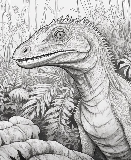 een tekening van een dinosaurus in een jungle met planten en bomen generatieve ai