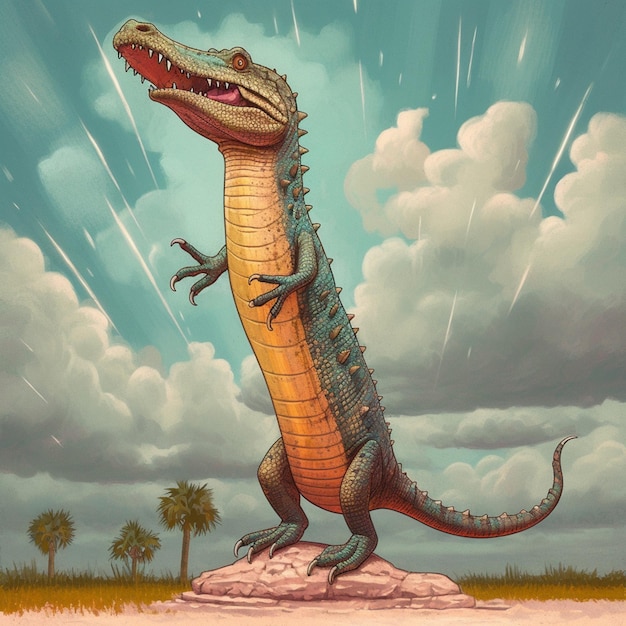 Een tekening van een dinosaurus met het woord alligator erop