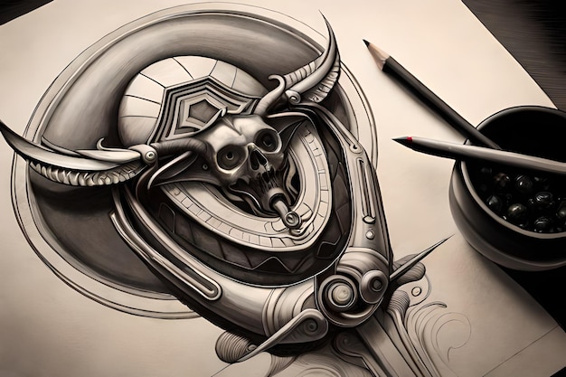 Een tekening van een draak met een potlood en een pen.