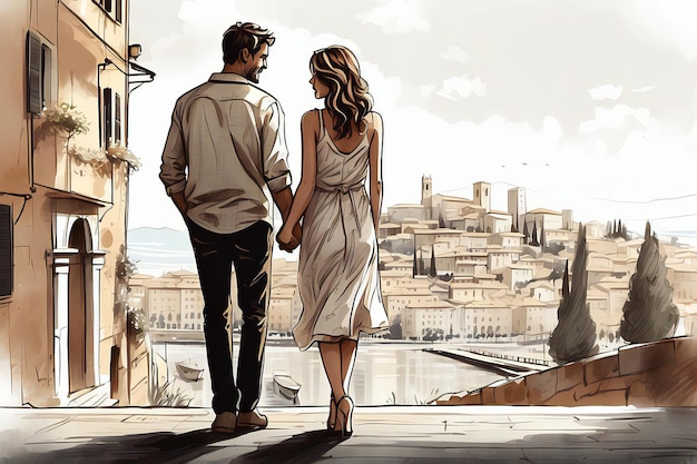 een tekening van een echtpaar dat een straat afloopt met een uitzicht op de stad
