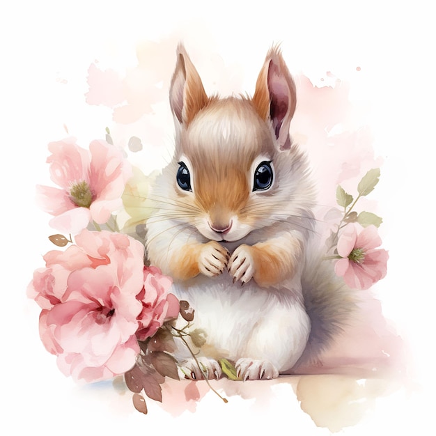 een tekening van een eekhoorn die een boeket bloemen vasthoudt