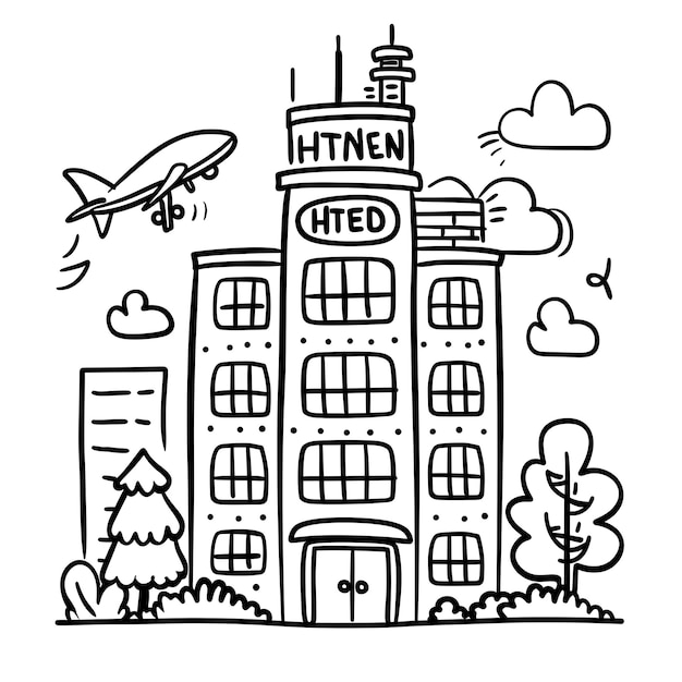 een tekening van een gebouw met een vliegtuig dat erover vliegt
