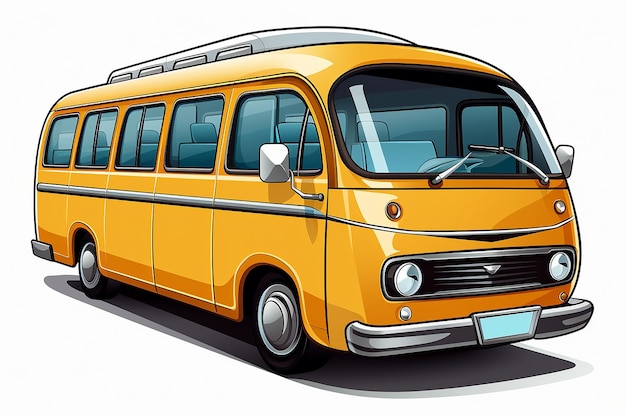 een tekening van een gele busje met een dakrek aan de zijkant