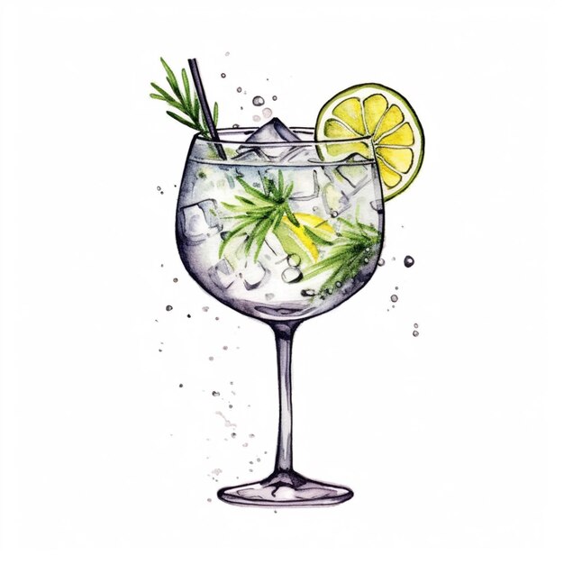 Foto een tekening van een gin cocktail met citroen en rozemarijn garnish generatieve ai