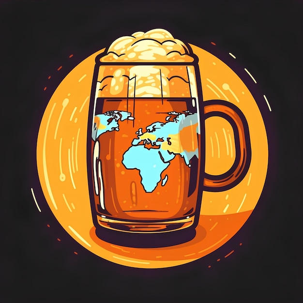 Een tekening van een glas bier met het woord wereld erop.