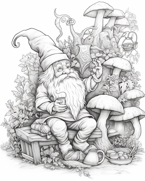 Foto een tekening van een gnome die op een bank zit met paddenstoelen generatieve ai